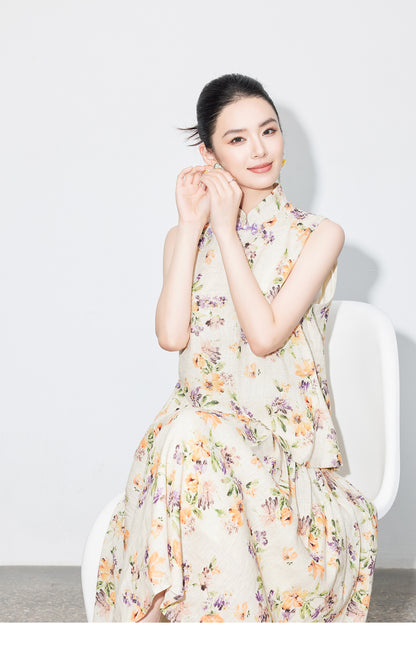 High-End Linen Sleeveless Button Top & Slimming Skirt for Women