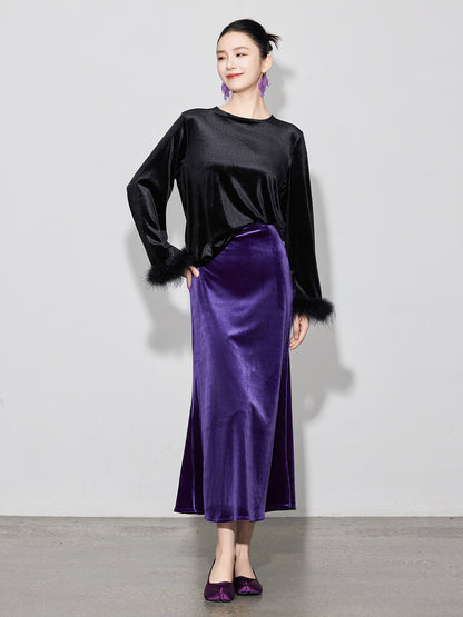 Chic Vintage High-Waist Velvet Long Skirt