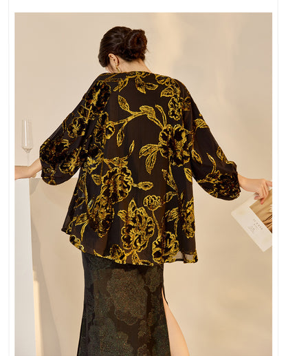 Velvet Burnout Jacket & Printed Cardigan Dress Set for Autumn