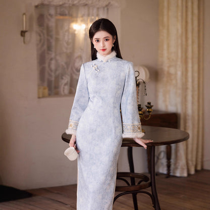 Gentle Brightening Cheongsam | New Chinese Style Winter Thickened Fleece Dress