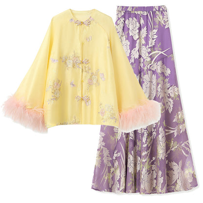 New Chinese Embroidered Feather Sleeve Patchwork Top & Skirt Set