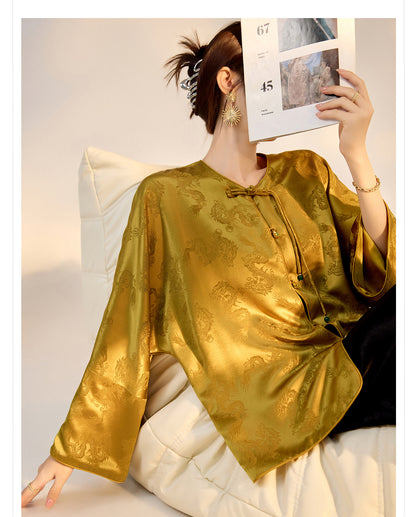 New Chinese Old Money Style Dragon Embroidered Acetate Luxury Coat