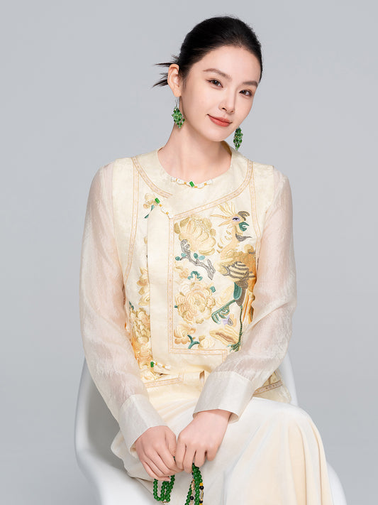 Mulberry Silk Embroidered Sleeveless Vest for Women