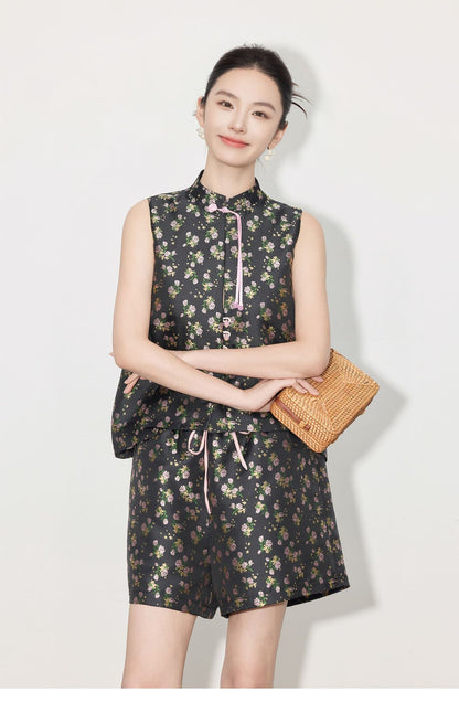 Light National Style Jacquard Sleeveless Vest & High Waist Shorts