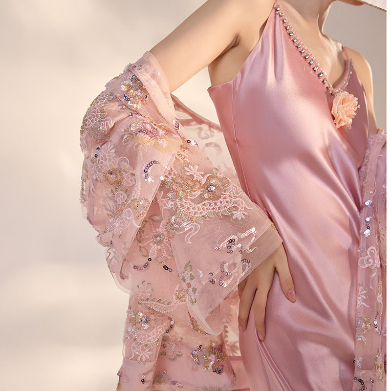 French Style Pink 3D Rose Acetate Strap Dress Elegant Long Gown