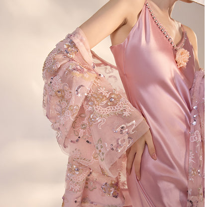 French Style Pink 3D Rose Acetate Strap Dress Elegant Long Gown