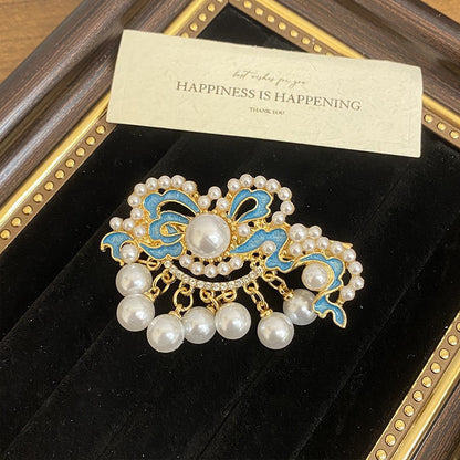Blue Enamel Hair Clip Chinese Style Pearl Tassel Butterfly Hairpin