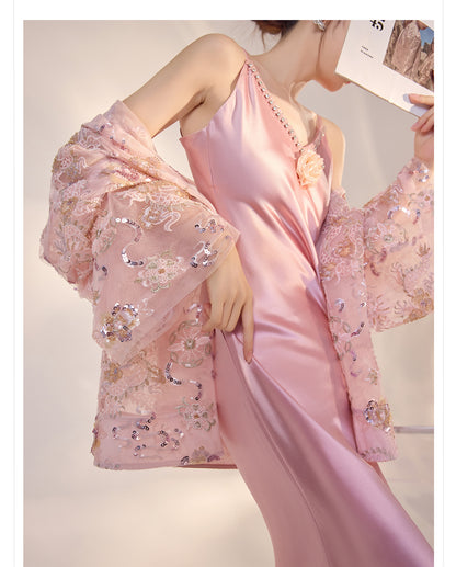 French Style Pink 3D Rose Acetate Strap Dress Elegant Long Gown