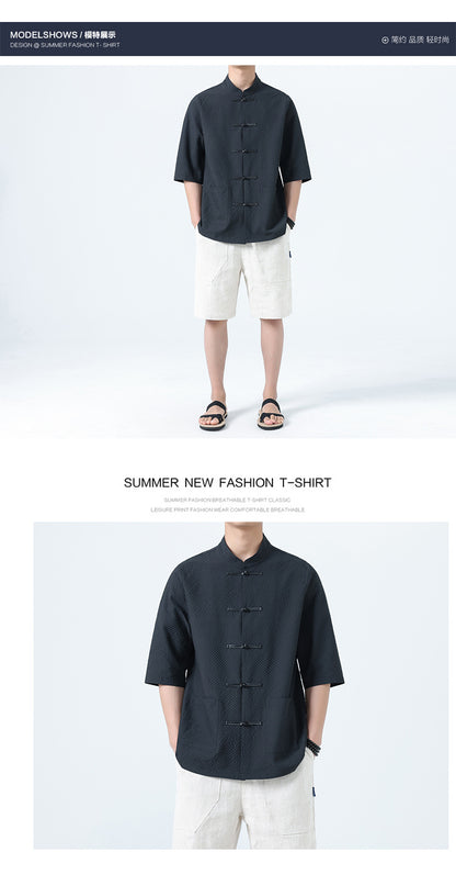 Mens Chinese Cotton Linen Shirt Retro Stand Collar Tang Suit Top