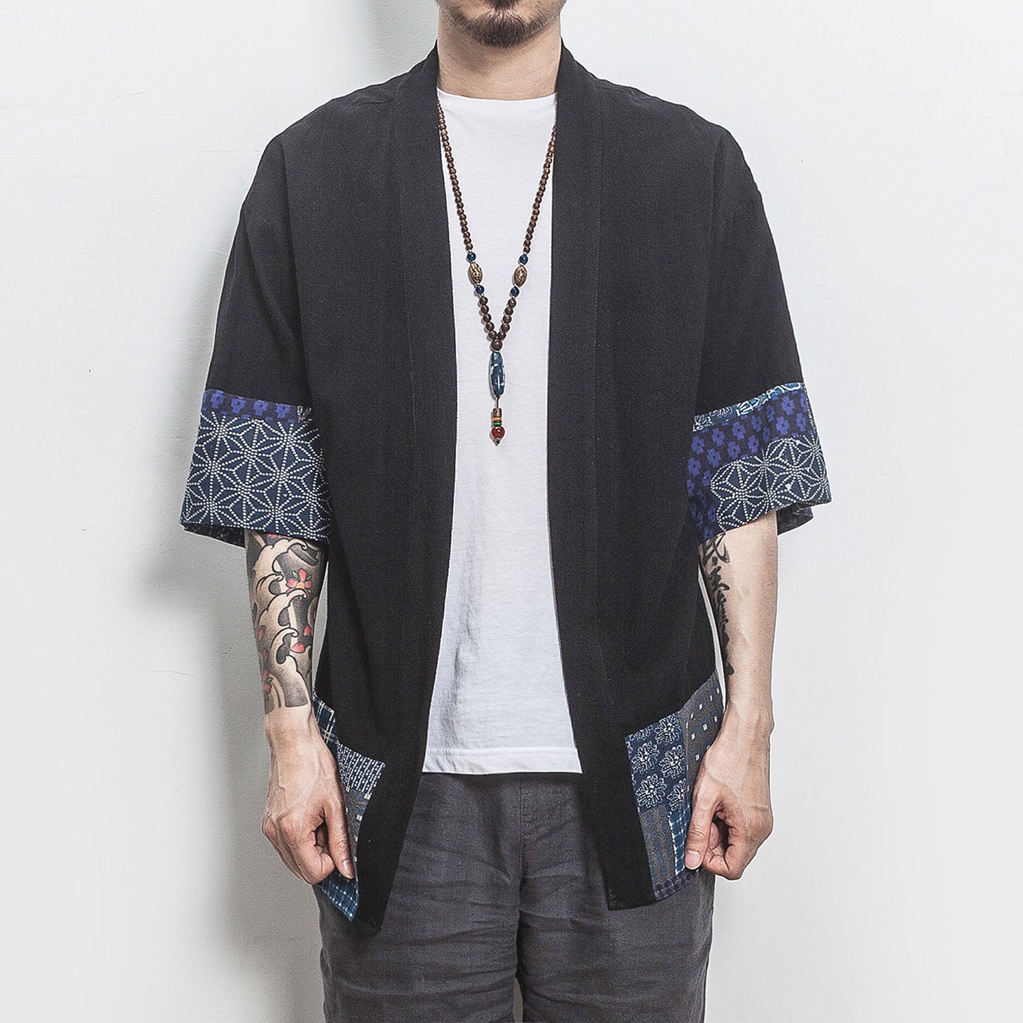 Summer Chinese Hanfu Cardigan Men’s Cotton Linen Patchwork Robe