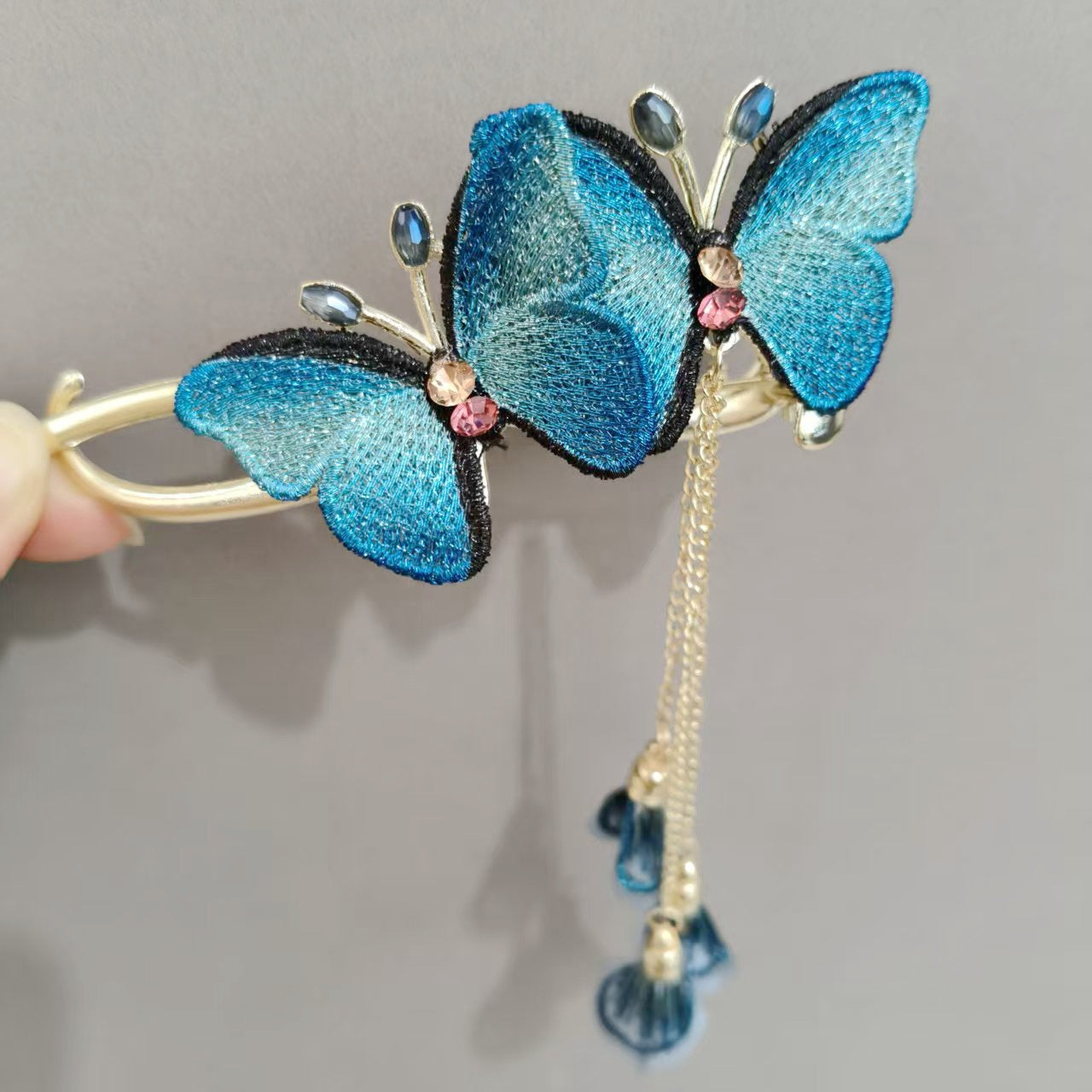 Blue Enamel Hair Clip Chinese Style Pearl Tassel Butterfly Hairpin