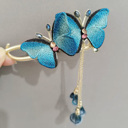 Blue Enamel Hair Clip Chinese Style Pearl Tassel Butterfly Hairpin
