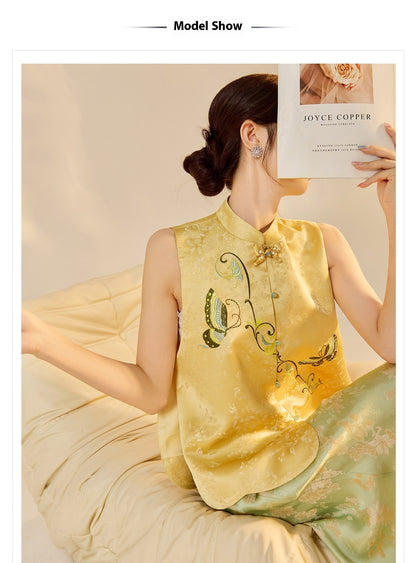 High-End Embroidery Stand Collar Vest & Jacquard Mermaid Skirt