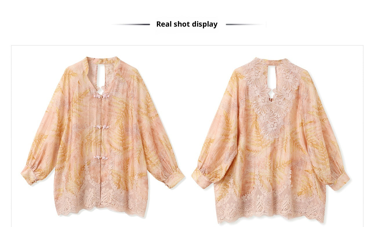 Autumn Chinese Style Lace Patchwork Shirt | Slim Embroidered V-Collar Top
