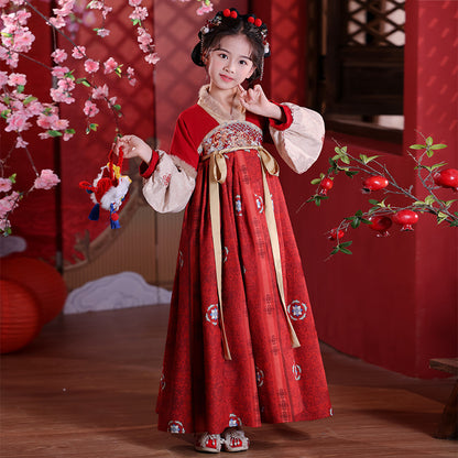 Children’s Winter Hanfu Dress | Elegant Thickened Tang Suit Cheongsam for New Year