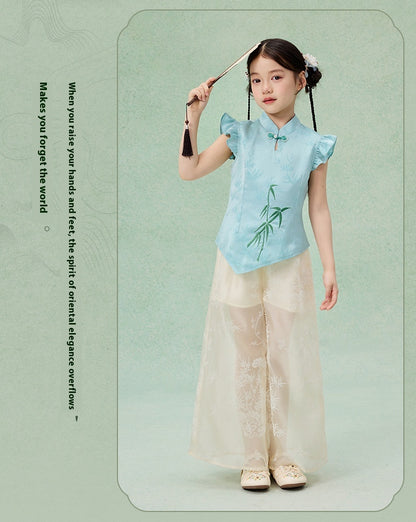 Children’s Chinese Summer Set — Shirt Top & Loose Wide-Leg Pants