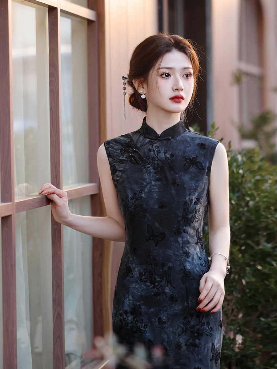 Tie-Dye Velvet Cheongsam – 2025 Sleeveless Mid-Length Dress