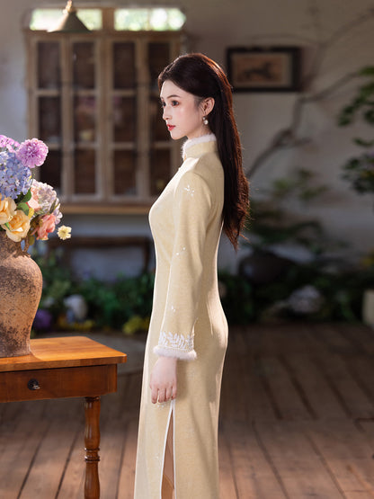 Yellow Fleece-Lined Qipao | Winter Thickened Long Sleeve New Chinese Style 2025