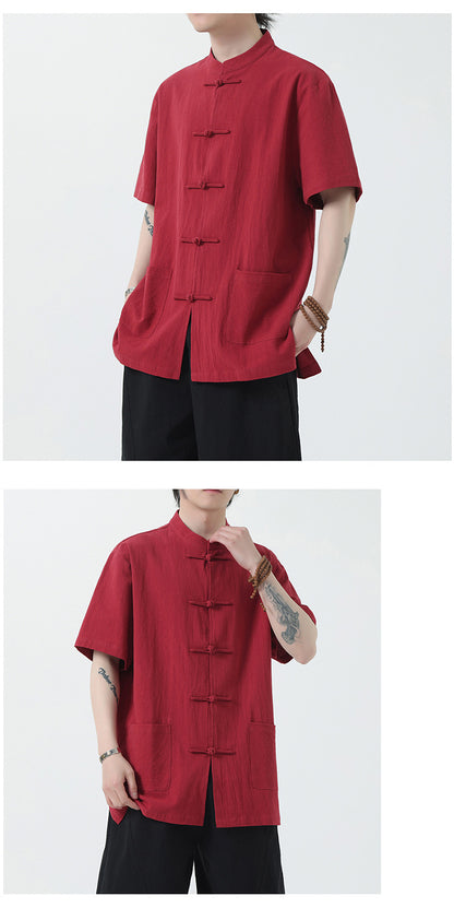 Chinese Style Mens Cotton Linen Shirt Half Sleeve Button Up Casual Top