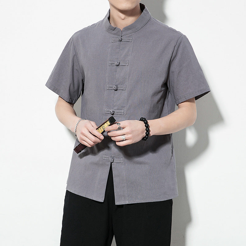 Summer Chinese Style Men’s Shirt — Linen Tang Suit Retro Short Sleeve