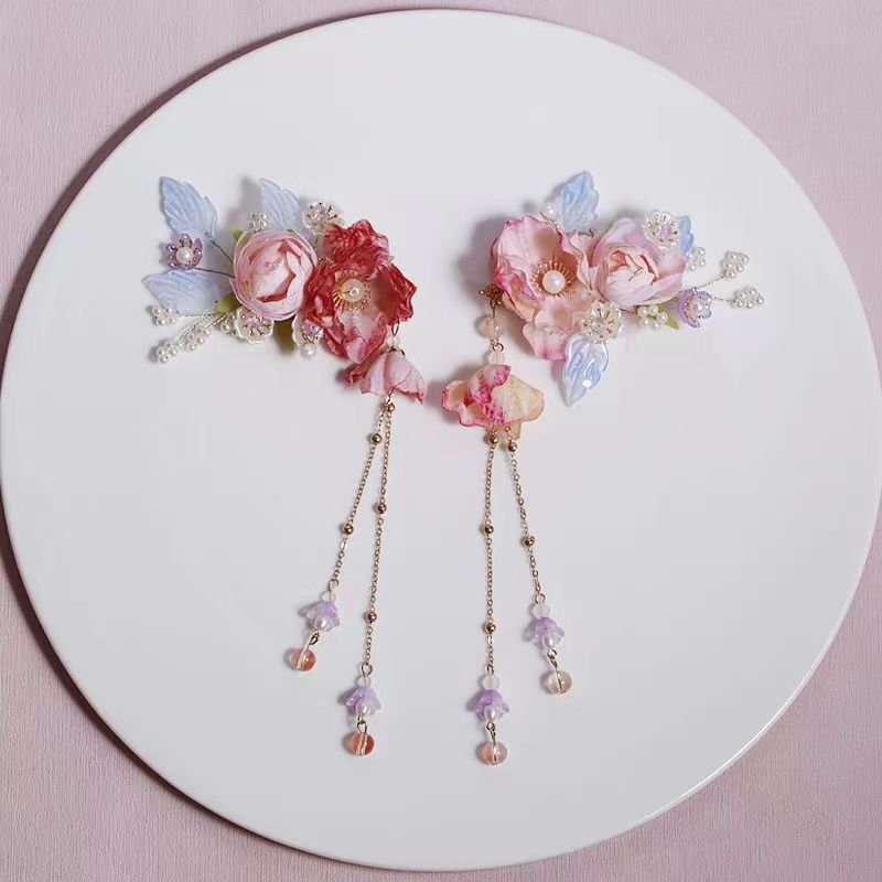 Hanfu Hair Accessories Pink Silk Flower Hairpin Tassel Side Clip
