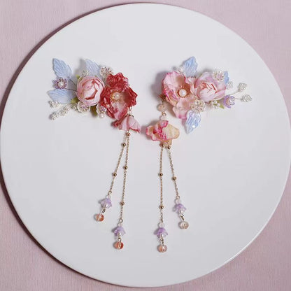Hanfu Hair Accessories Pink Silk Flower Hairpin Tassel Side Clip