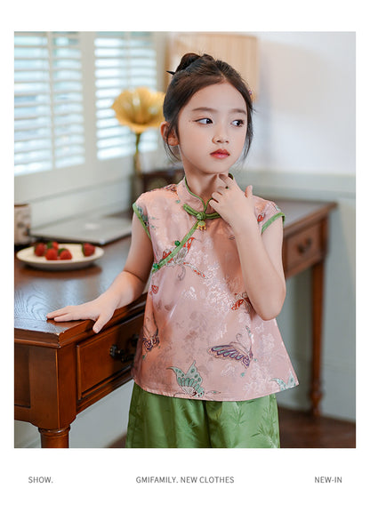 Retro Chinese Style Girls Two-Piece — Summer Cheongsam Top & Skirt