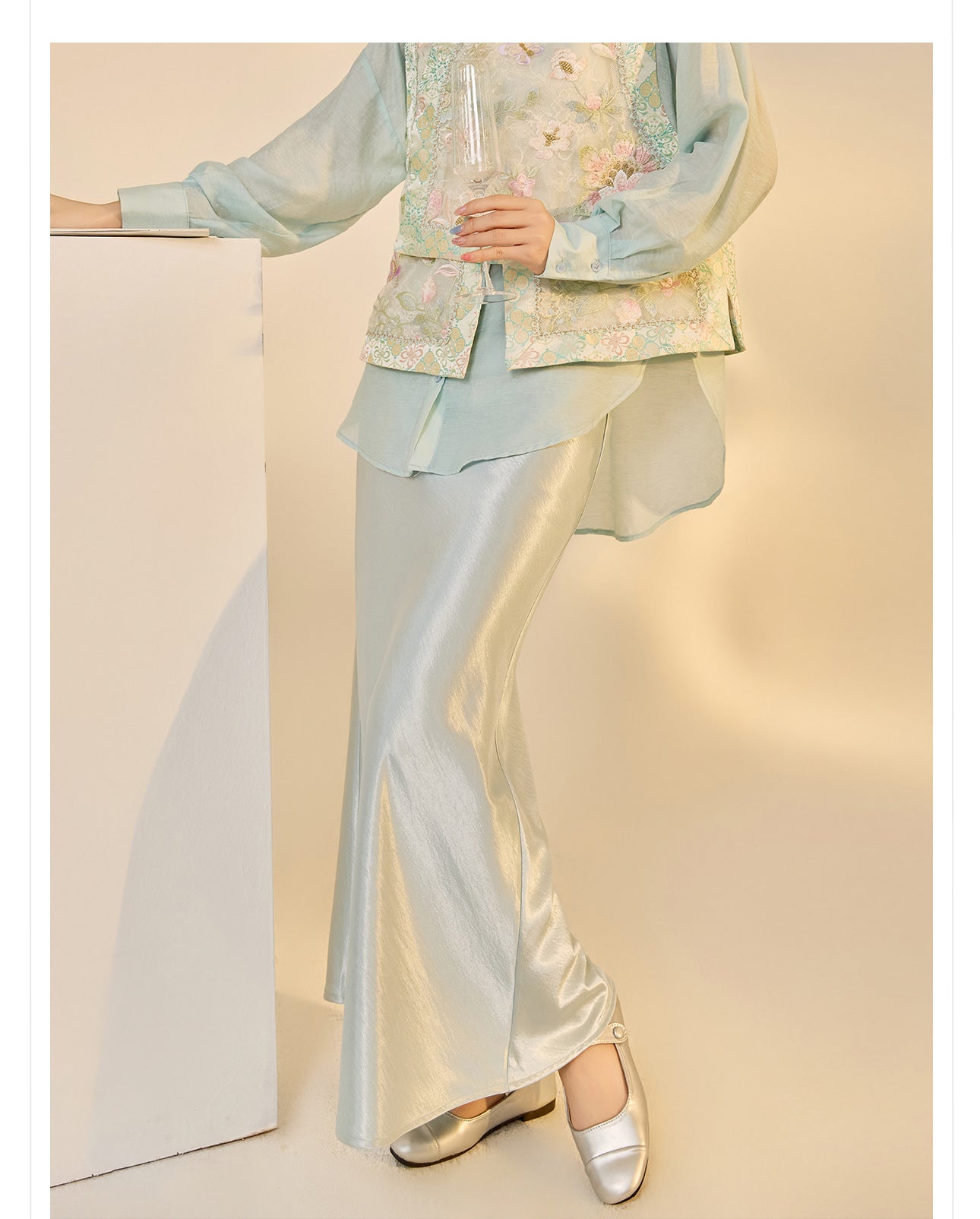 Autumn Button-Up Stand Collar National Style Top & Skirt Set