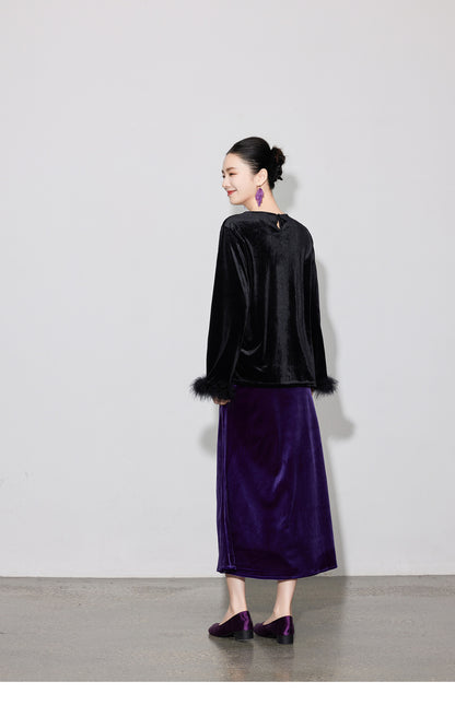 Chic Vintage High-Waist Velvet Long Skirt