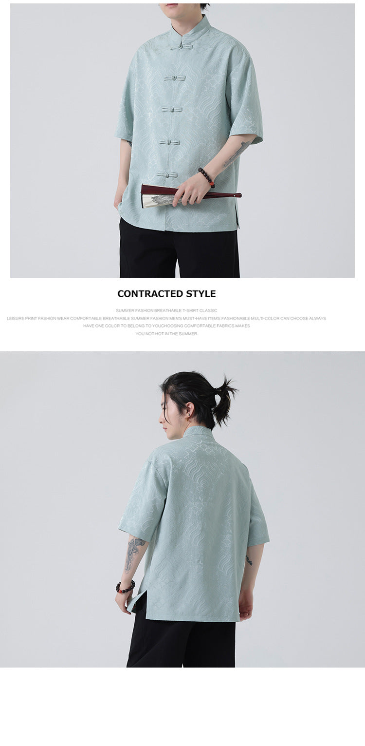New Chinese Style Tang Shirt — Men’s Short-Sleeve Retro Button-Up Top