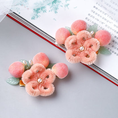 Peach Hanfu Hair Clips Velvet Flower Kids Costume Cute Chinese Style Accessories