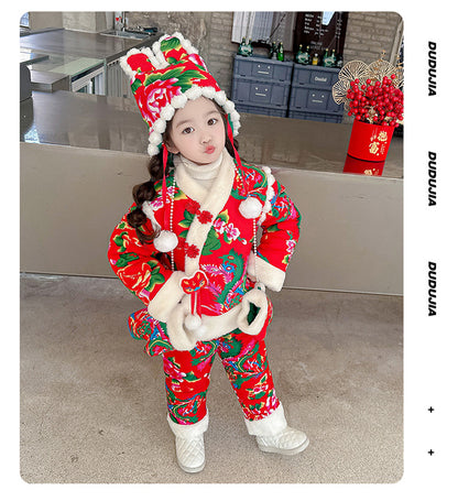 Northeast Floral Girls Padded Jacket Winter Rabbit Ear Four-Piece