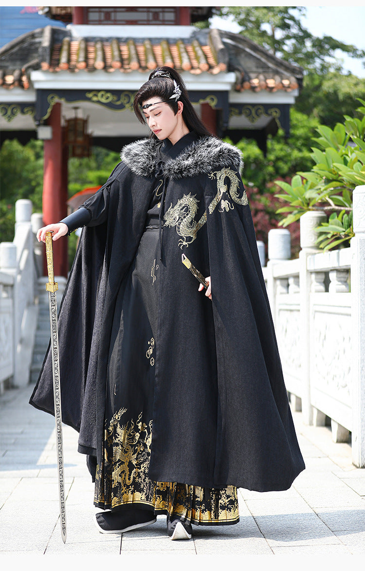 Men's Fleece-Lined Fur Collar Cloak New Chinese Style Winter Hanfu