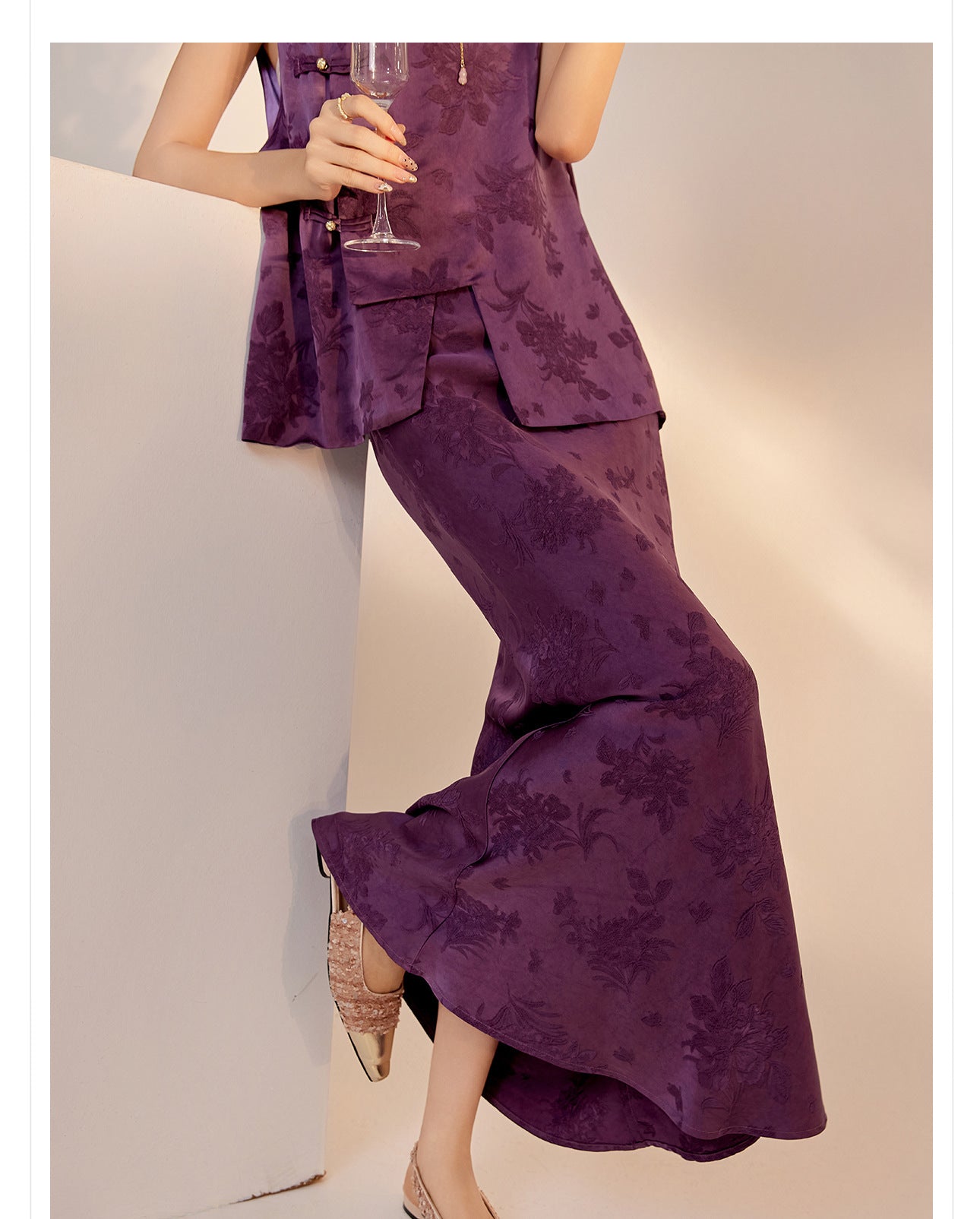 2026New Chinese Style Super Beautiful Purple Printed Rayon Vest and Skirt Early Autumn Set for Women