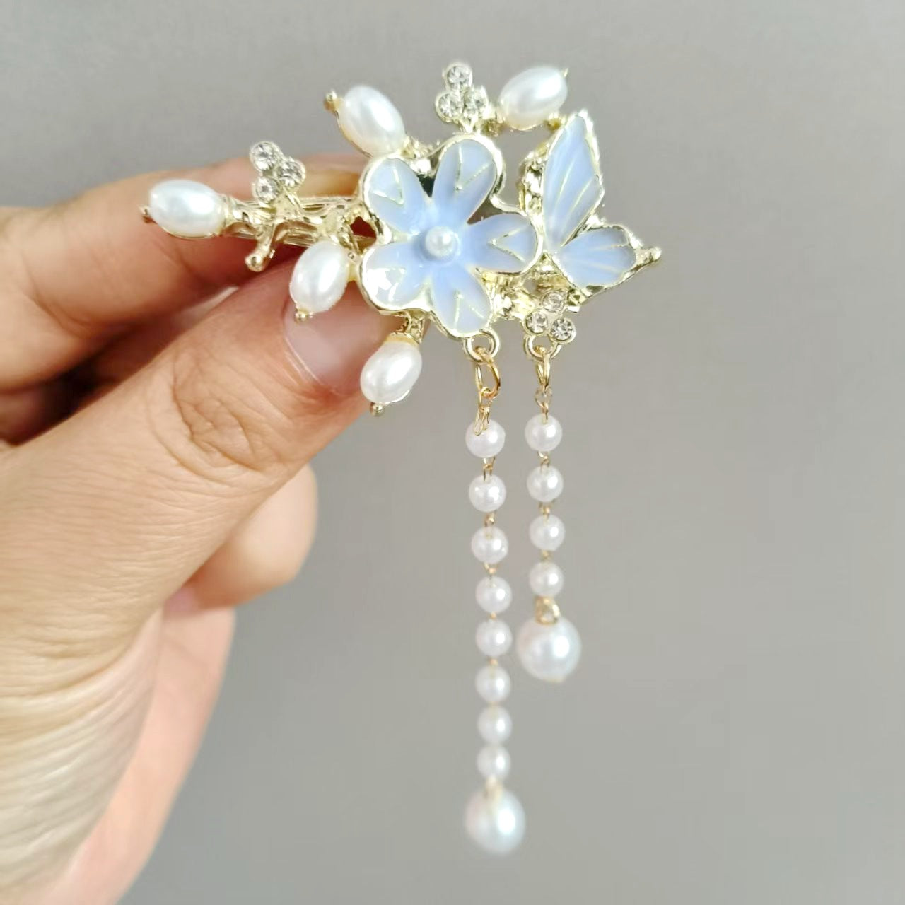 Blue Enamel Hair Clip Chinese Style Pearl Tassel Butterfly Hairpin