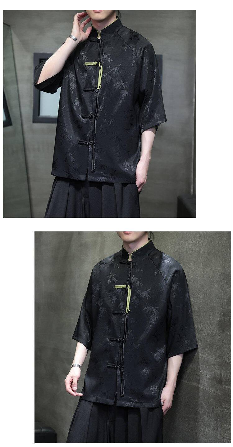 Summer Chinese Style Ice Silk Jacquard Tang Shirt Mens Stand Collar Top