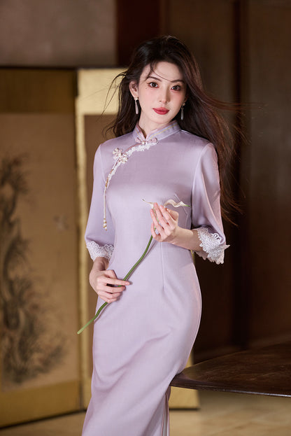 Purple Cheongsam 2025 – Elegant Young Chinese Style Autumn Dress