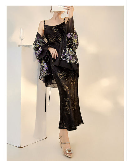 Elegant National Style Rayon Jacquard Embroidered Long Camisole Dress
