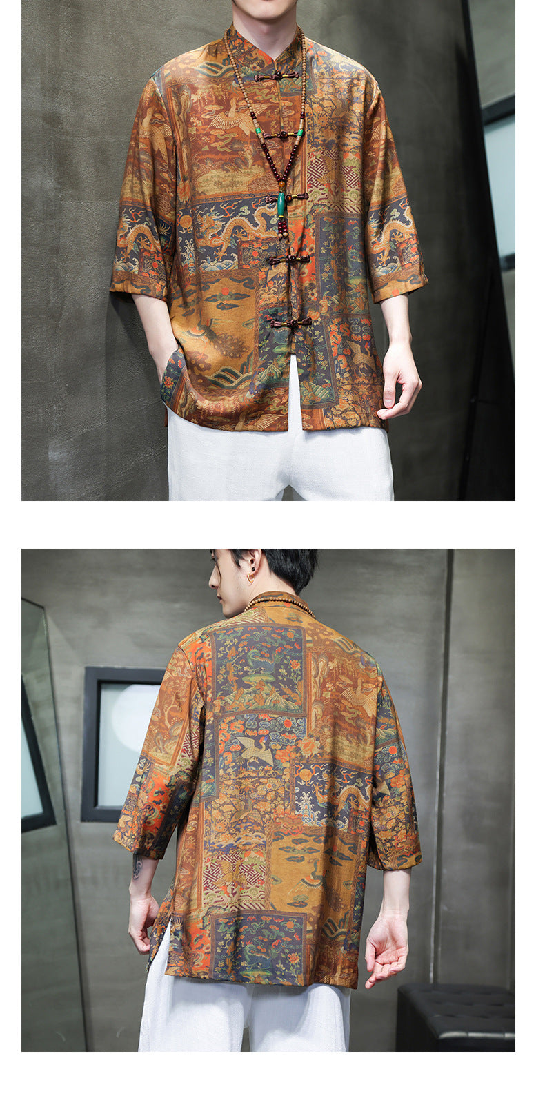 Mens Summer Chinese Tang Shirt Three Quarter Sleeve Fashion Trendy