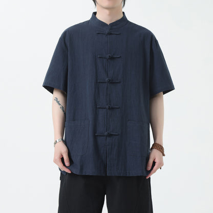 Chinese Style Mens Cotton Linen Shirt Half Sleeve Button Up Casual Top