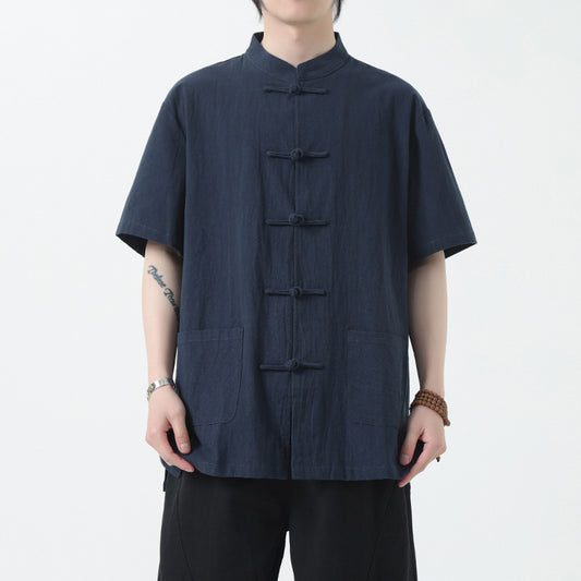 Chinese Style Mens Cotton Linen Shirt Half Sleeve Button Up Casual Top