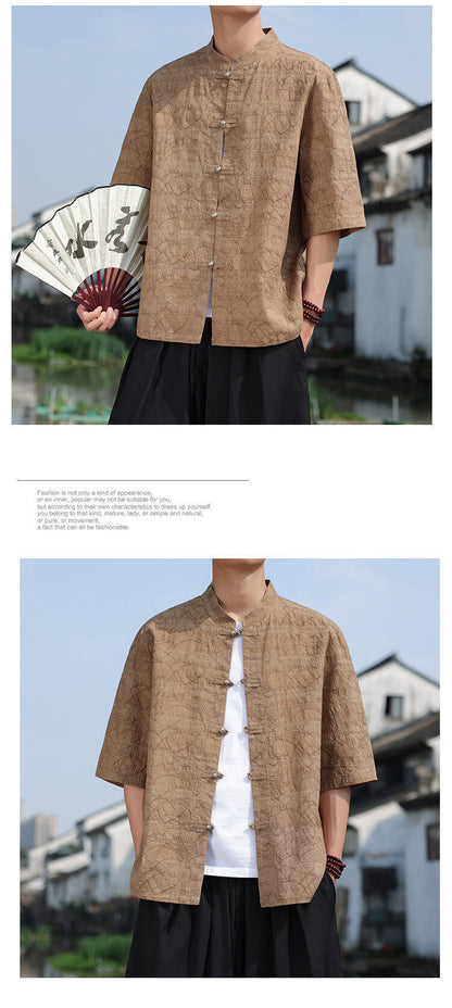 Chinese Style Mens Metal Button Jacquard Tang Shirt Summer Hanfu Top