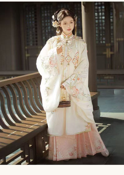 Women Ming Dynasty Hanfu Set Heavy Embroidery Cloud Shoulder Stand Collar Horse Face Skirt