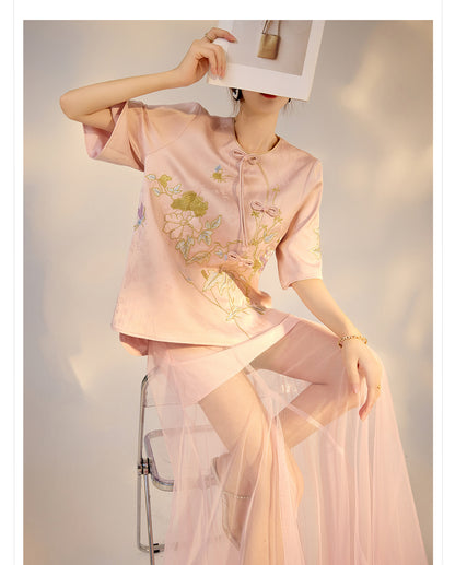 Summer New Chinese Style Embroidered Printed Top and Skirt Set