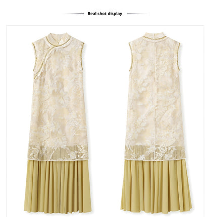 New Chinese Style Printed Cheongsam | Autumn Elegant Beaded Dress