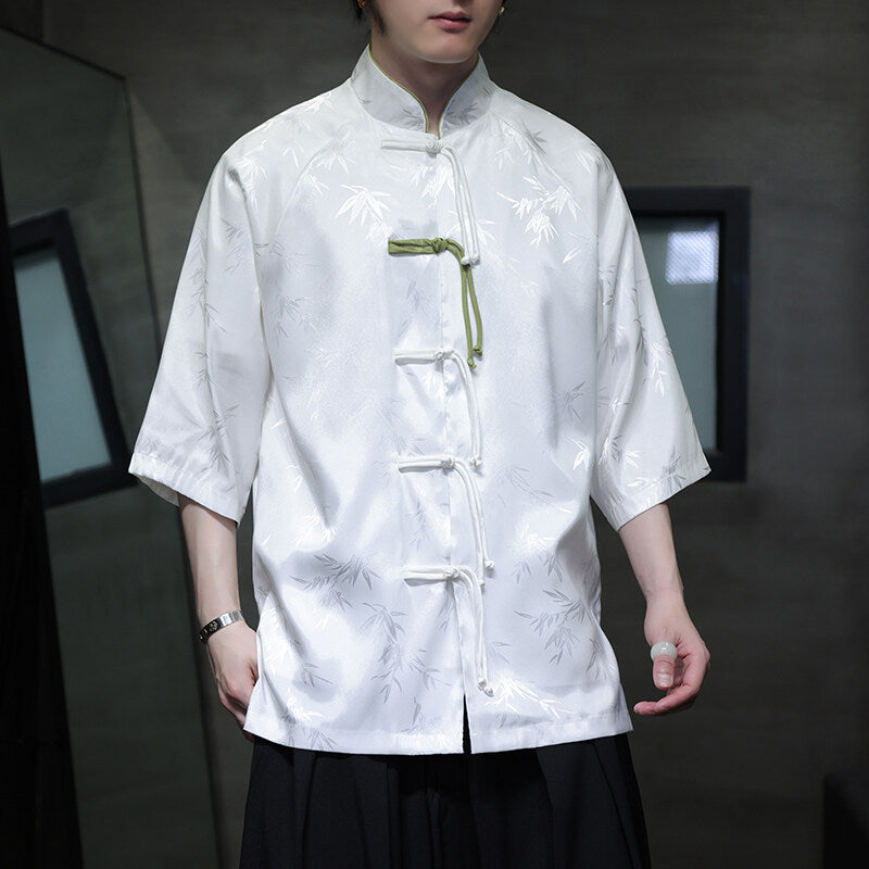 Summer Chinese Style Ice Silk Jacquard Tang Shirt Mens Stand Collar Top