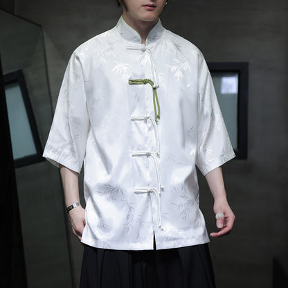 Summer Chinese Style Ice Silk Jacquard Tang Shirt Mens Stand Collar Top