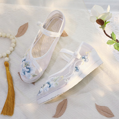 Ancient Style Mesh Embroidered Hanfu Shoes — 3cm Hidden Wedge Flats