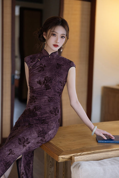 Elegant Purple Cheongsam – 2025 Slim Fit Retro Dress