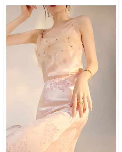 New Chinese Style Beaded Floral Acetate Top | Elegant Short Camisole